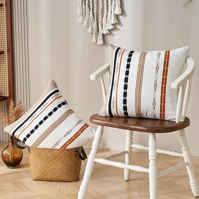 Boho Pillow Covers 18x18 Square Farmhouse Decorative Cushion Case Striped Square Cushion Cover Cozy Soft Neutral Throw Western Pillows Protector Modern Decorative for Couch Sofa Bed, Set of 2