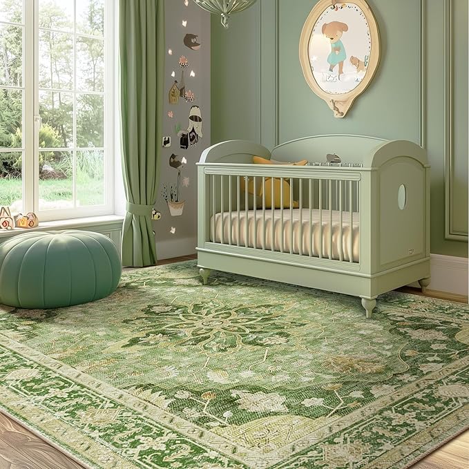 Area Rugs 6'x9' Washable Non-Slip, Floral Vintage Distress Print Pattern Medallion Carpet for Living Room Bedroom Dining Room, Sage Green Yellow
