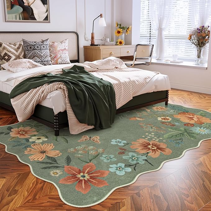 Lahome Floral Living Room Rugs, Area Rugs 5x7 Rug for Bedroom Ultra-Thin Soft Rug, Non-Slip Washable Rugs Stain Resistant Boho Rug Flore Throw Rug for ‎Dining Room Office (5x7ft,Green)