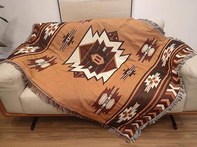 Aztec Throw Blanket Native American Blanket Southwestern Boho Decor Reversible Woven Tassels Mexican Blankets and Throws for Couch Bed Chair Wall Tapestry Livingroom Outdoor Beach Brown 51"x63"