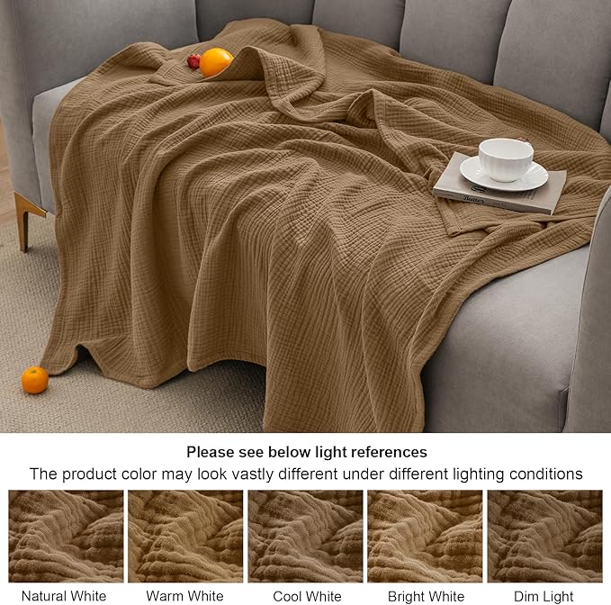 PHF 100% Cotton Muslin Blanket Queen Size 90"x90", 4-Layer Lightweight Gauze Throw, Breathable Cloud-Soft Minimalist Blanket for Bed, Couch, Camping & Baby, Clay, Ideal Gift