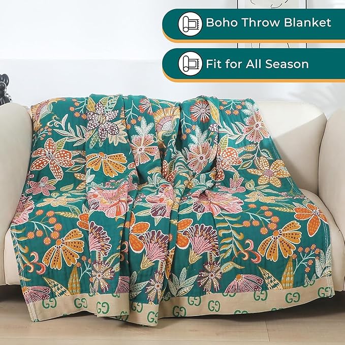 Fall Throw Blankets Reversible Luxurious Cotton Bed Throws with Vintage Bohemian Design & Yellow/Green Lightwight Floral Decor Blanket, Perfect as Bed Sofa Quilt 90" x 98"