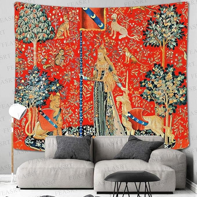 FEASRT European Medieval Royal Tapestry Maiden and Unicorn, 90x84 Inches Soft Flannelette, for Medieval Art Collection of Decorative Wall Art