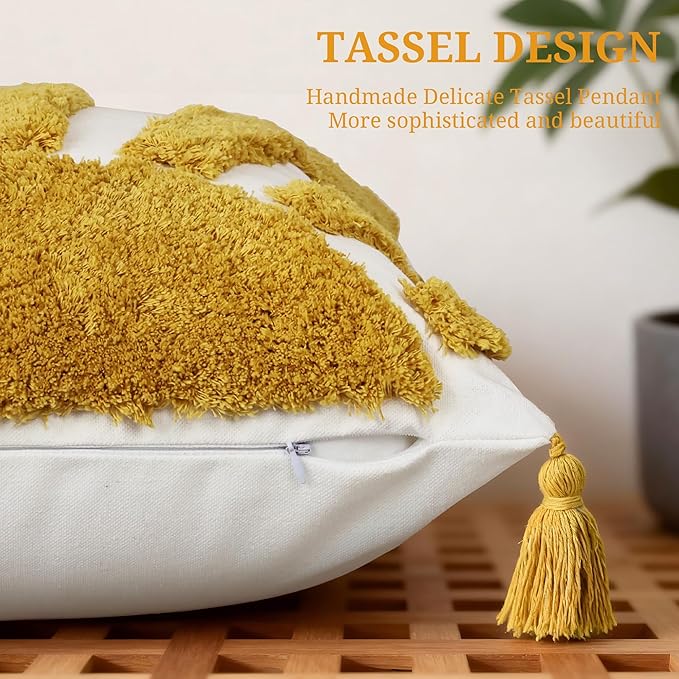 Boho Throw Pillow Covers 18x18 Inch Set of 1, Yellow Sun Tufted Square Pillow Covers with Tassels, Bohemian Farmhouse Decorative Cushion Cover for Couch Sofa Bedroom Living Room Home Decor