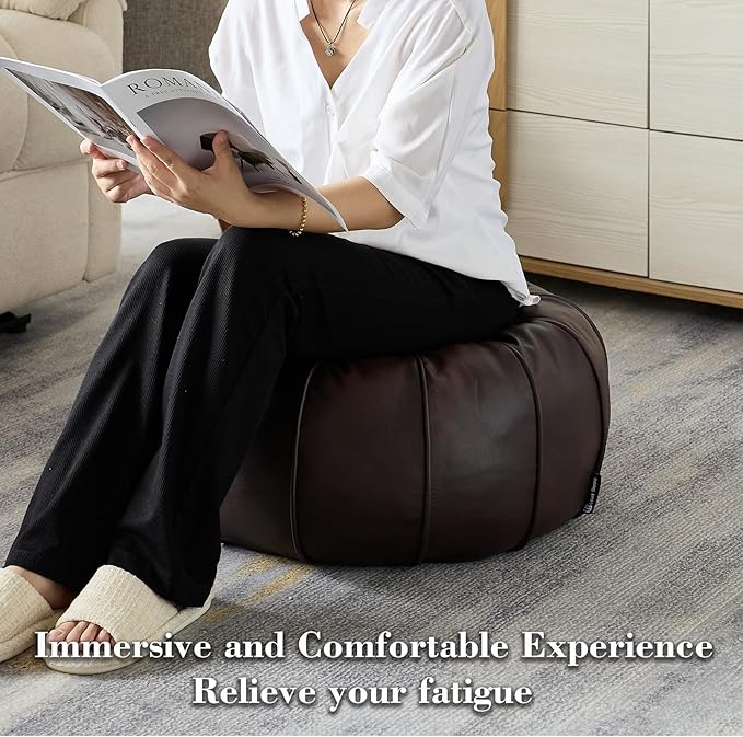 Louis Donné Brown Waterproof Faux Leather Unstuffed Pouf Ottoman, Handmade Moroccan Pouf Cover 21"x13", Round Floor Cushion Floor Chair Footstool for Living Room, Bedroom and Wedding (Only Cover)