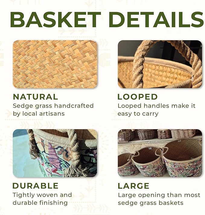 Set of 3 Handwoven Sedge Grass Baskets with Floral & Butterfly Brocade Cover – Decorative Woven Storage Baskets for Laundry, Toys & Blankets – Natural Wicker Hampers for Home & Bedroom Decor