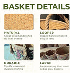 Set of 3 Handwoven Sedge Grass Baskets with Floral & Butterfly Brocade Cover – Decorative Woven Storage Baskets for Laundry, Toys & Blankets – Natural Wicker Hampers for Home & Bedroom Decor