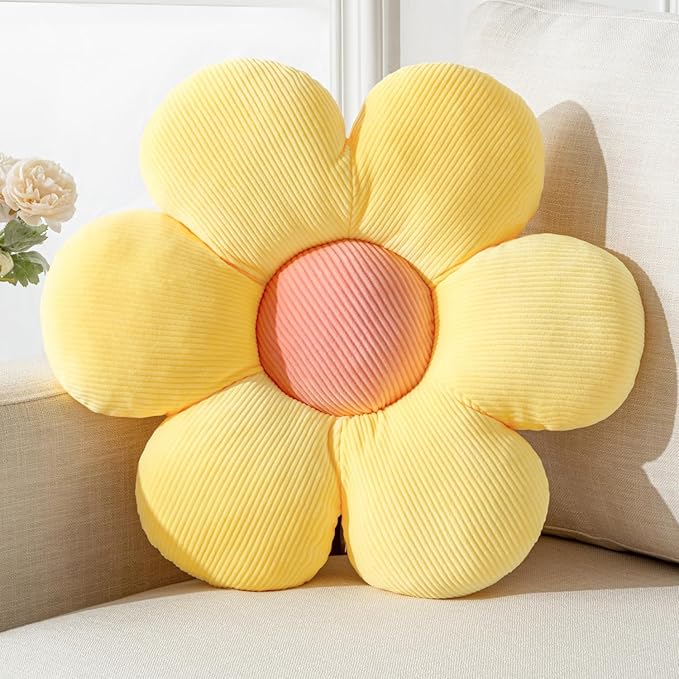 Flower Pillow Yellow Round Throw Pillows Cute Daisy Decorative Pillow for Bed, Sofa, Couch. Yellow Round Cushion Seating Home Decorative