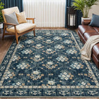 Lessymo Dining Room Rugs for Under Table, 6x9 Washable Area Rug for Living Room, Low Pile Non-Slip Floor Carpet for Bedroom, Stain Resistance Vintage Floral Design Décor, Navy/Beige