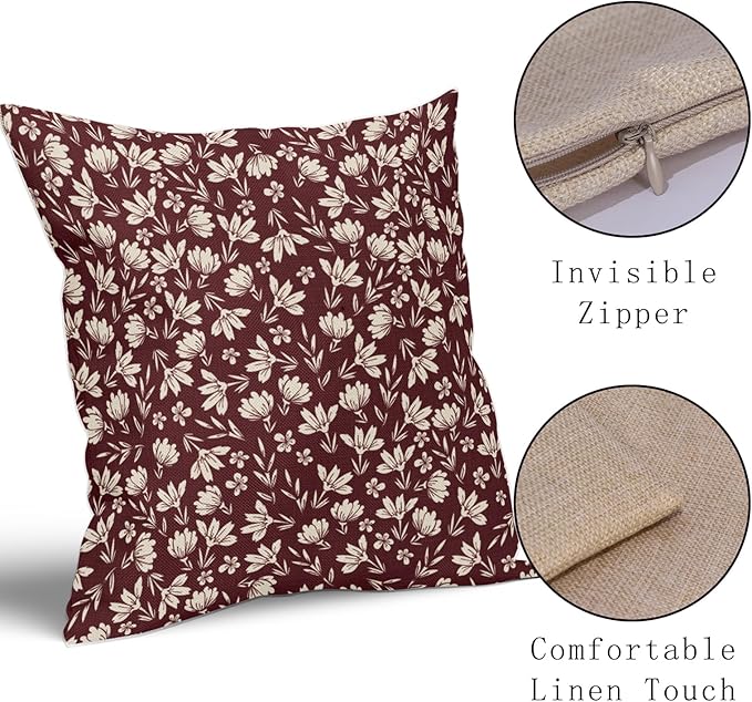 Burgundy Pillow Covers 20x20 Set of 2 Vintage Floral Rustic Old Style Cute Flower Print Decorative Outdoor Pillowcases Seasonal Farmhouse Throw Cushion Case Decor for Couch Sofa Bed