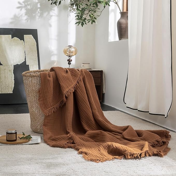 FOSSA Muslin Blanket with Fringe - 4-Layer 100% Cotton Gauze Super Soft & Breathable Throw -Lightweight Decorative Cooling Blanket for Bed, Sofa, Office (Dark Orange, Throw (60" × 50"))