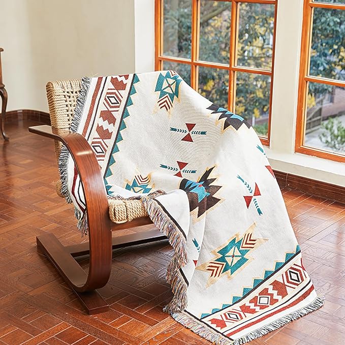 Snycler Boho Throw Blanket for Bed 50 * 60inch Woven Blanket Cotton Polyester Farmhouse Decor for Indoor Outdoor Sofa Bedroom Garden，All Season(White)