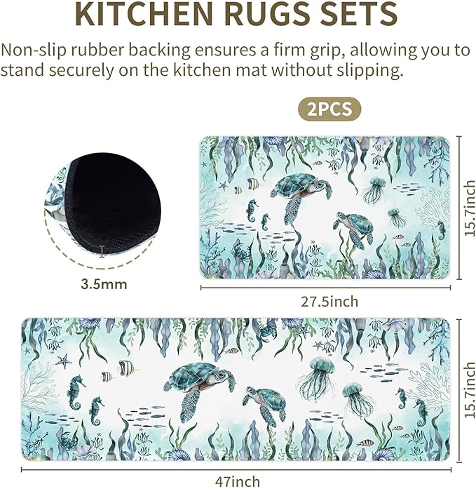 Sea Turtle Rugs for Kitchen Floor, Coastal Beach Anti Fatigue Mats for Kitchen Floor Non Slip, 2PCS Rubber Kitchen Mat, Washable Cushioned Carpet for Sink Laundry Christmas 15.7"×27.5" +15.7"×47"3.5mm