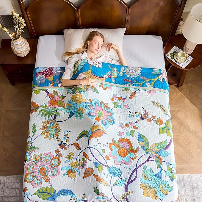 Summer Throw Blanket, 90"x98" Reversible Bohemian Flower Blanket, 100% Cotton Muslin Breathable Woven, Farmhouse Decorative Throw Blanket