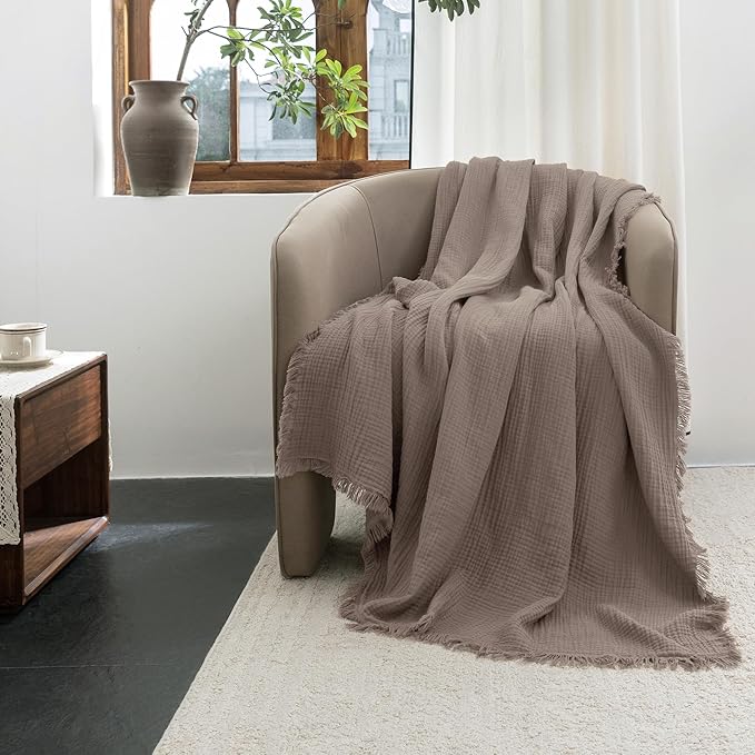 FOSSA Muslin Blanket with Fringe - 4-Layer 100% Cotton Gauze Super Soft & Breathable Throw -Lightweight Decorative Cooling Blanket for Bed, Sofa, Office (Pale Brown, Super King (108" × 98"))