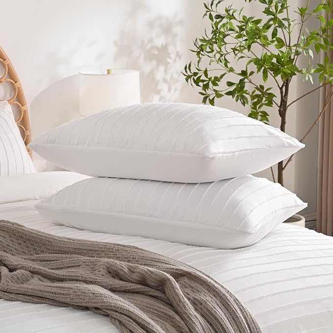 JELLYMONI Pillowcases King Size White 2 Pack Boho Striped Bed Pillow Covers 20x36in Polyester Envelope Pillow Shams Tufted Bohemian Textured (Pillows are not Included)