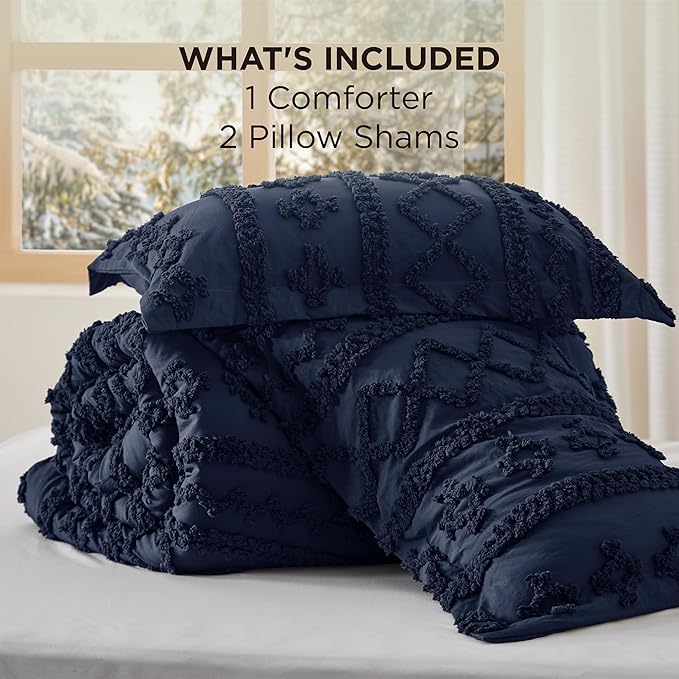 Bedsure Tufted Boho Comforter Set Queen Size - Navy Boho Bed Set, GentleSoft™ 3 Pieces Farmhouse Shabby Chic Embroidery Bedding, Gifts for Woman, Soft Jacquard Queen Comforter for All Seasons