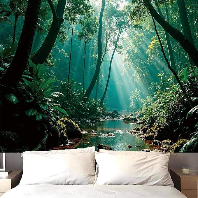 Atrippy Forest Nature Green Tapestry for Bedroom, Misty Landscape Backdrop Wall Hanging Aesthetic, Large Wall Mural Rainforest Stream Tapestries Outdoor Art Decor for Living Room Dorm 51x60 Inches