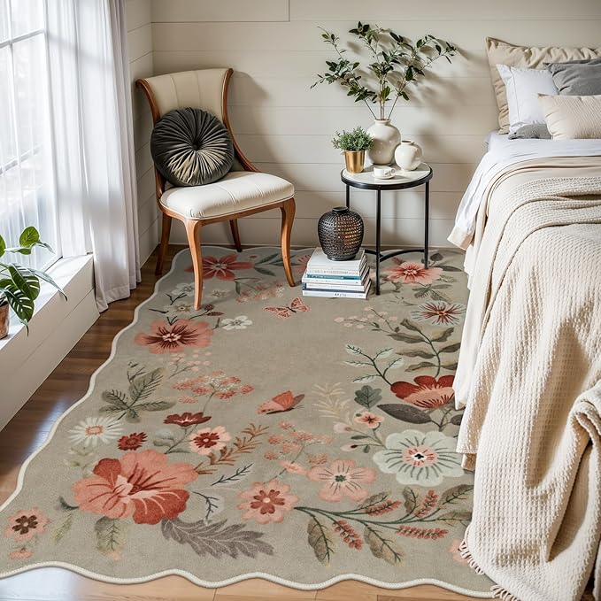 Lahome Floral Washable Rugs for Bedroom, 4X6 Area Rug Ultra-Thin Soft Living Room Rug, Non-Slip Classroom Stain Resistant Lightweight Boho Low-Pile Throw Carpet for ‎Office Flore, Brown