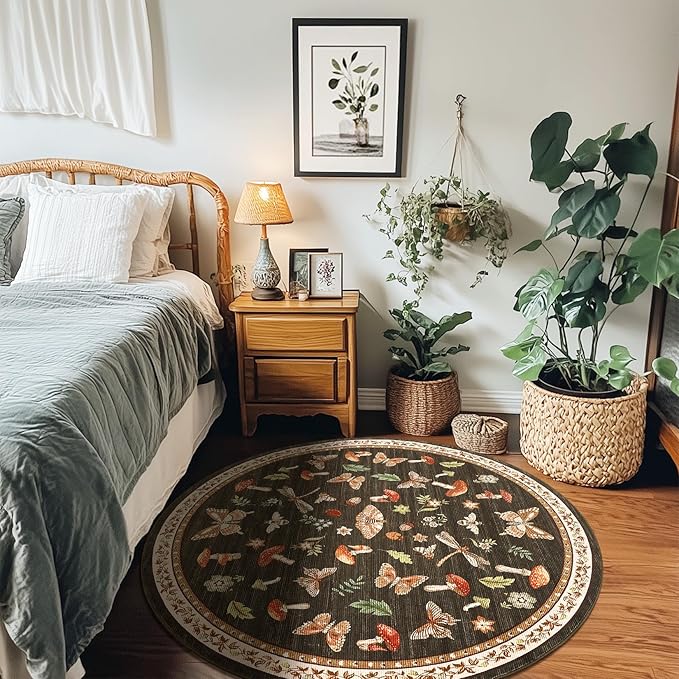 Mushroom Insect 4ft Round Rug Washable Non-Slip Soft Ultra-Thin Small Boho Circle Carpet for Entryway Kitchen Bedroom Nursery Dining Room Brown