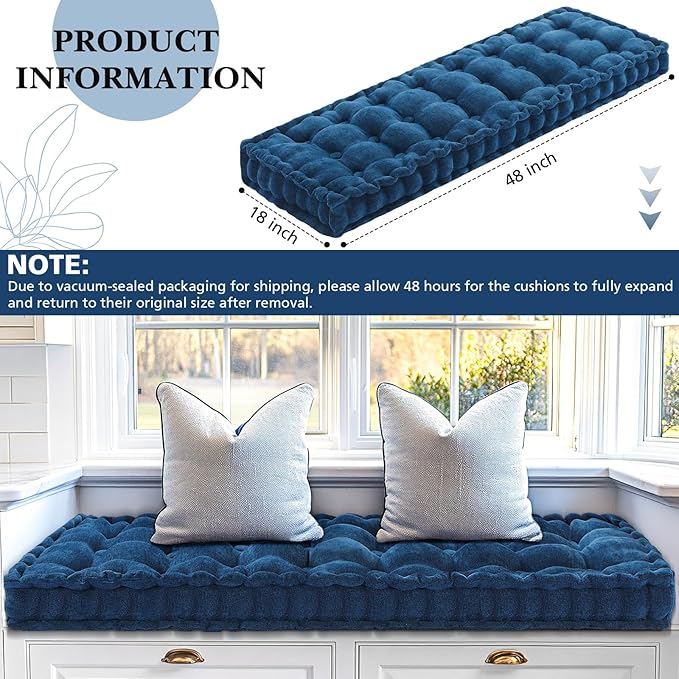 Geelin 48x18 Inch Bench Cushions for Indoor Furniture Window Chenille Velvet Navy Blue Button Tufted Thicken Seat Pad Mat with Memory Foam Sofa Chair Daybed Floor Pillow for Living Room Porch Swing
