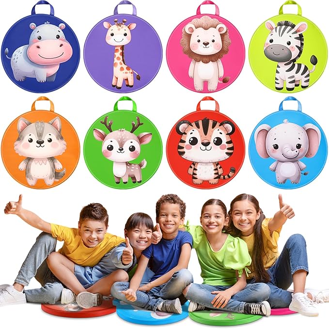 8 Pcs Kids Floor Cushions for Classroom Flexible Round Seating with Handle Soft Waterproof Floor Pillows with Cute Cartoon Animal Pattern for Elementary Daycare Preschool(Jungle Animals)