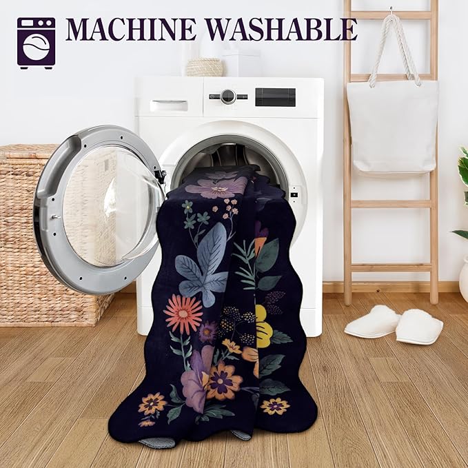 Lahome Floral Washable Rugs for Bedroom, 4X6 Area Rug Ultra-Thin Soft Living Room Rug, Non-Slip Classroom Rug Stain Resistant Boho Low-Pile Throw Carpet for ‎Office Flore (4x6ft,Purple)