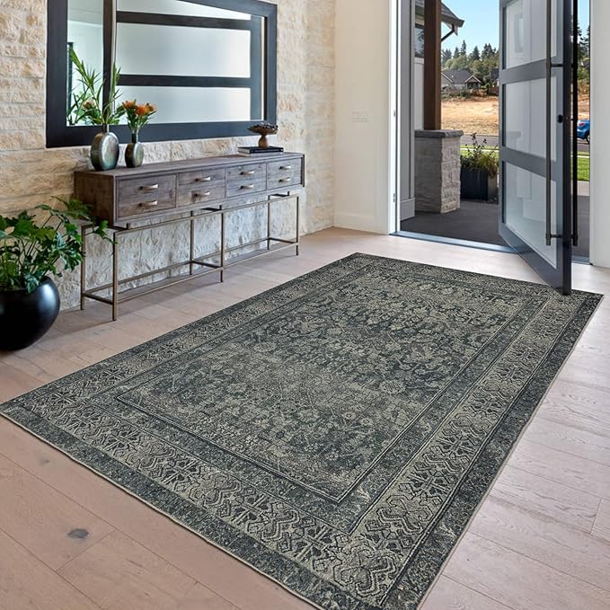 Area Rug 4×6, Vintage Boho Rug,Ultra-Soft Low Pile, Washable, Non Slip,Stain Resistant, Printed Carpet for Living Room Bedrooms Playroom Office Kitchen,Moss/Green