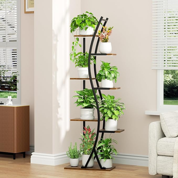 62" Plant Stand Indoor with Grow Lights - 7 Tiered Tall Metal Plant Shelf - Corner Wooden Plant Stand for Indoor Plants Multiple, Large S-Shape Flower Rack Holder for Living Room, Garden, Patio Decor