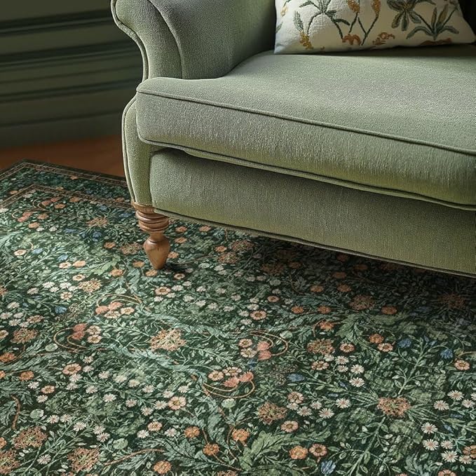 6x9 Area Rugs for Living Room Bedroom, Large Washable Rug, Green Vintage Floral Boho Rug, Non Slip & Low Pile Faux Wool Thin Carpet for Indoor Dining Room and Kids Room(Green 6x9ft)