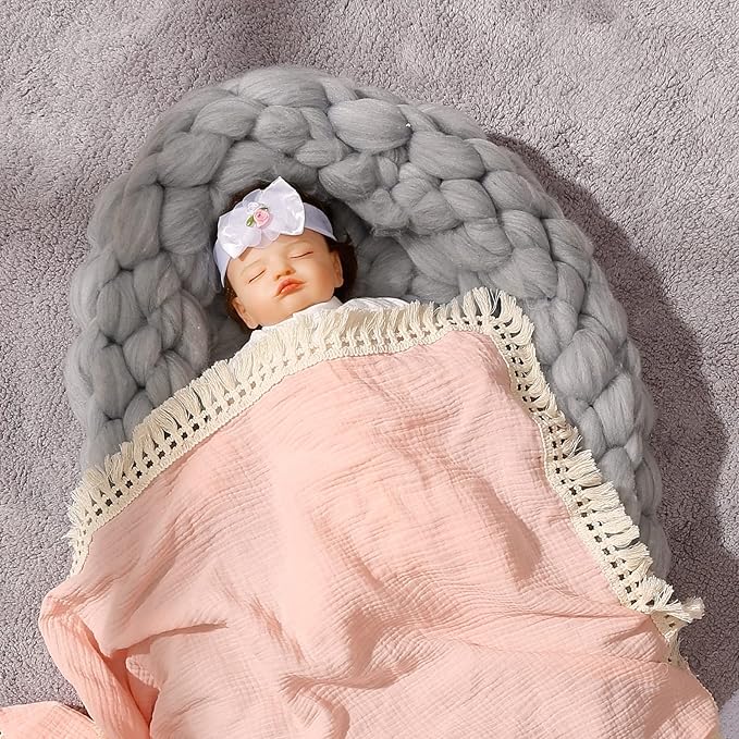 insular Cotton Muslin Baby Blanket with Tassel, Boho Bohemian Muslin Swaddle Blanket Baby Receiving Blanket with Fringe, Nursery Decor Throw or Nursing Blankets, 47" x40”, Pink