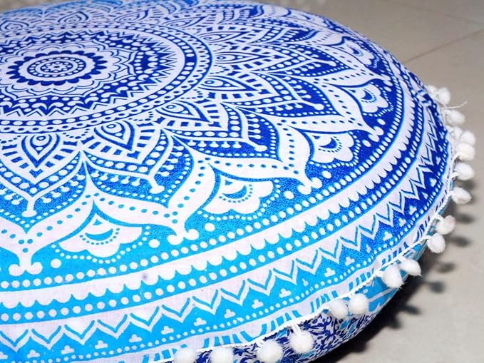 CRAFT KALA Mandala Floor Pillow Cushion Cover Seating Throw Cover Hippie Decorative Bohemian Ottoman Poufs Pom Pom Pillow Cases Boho Indian Cotton Living Room Yoga Home Décor (24" Round, Blue Ombre)