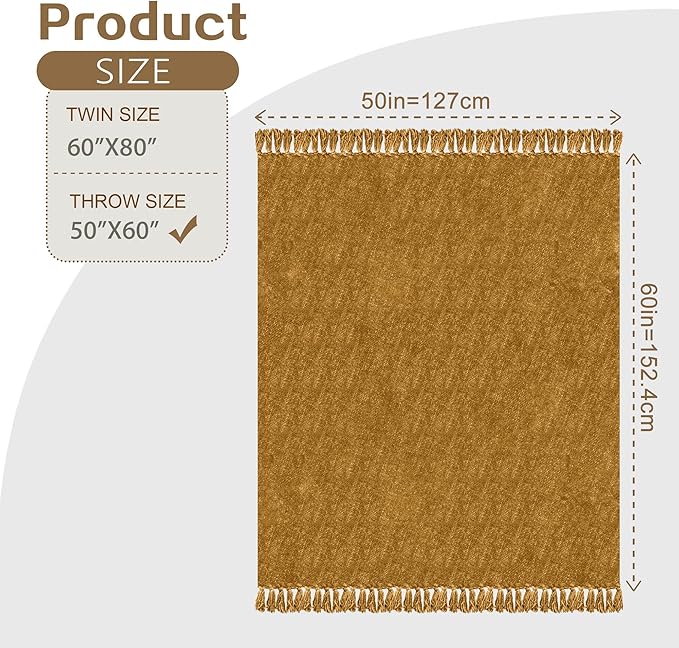 Chenille Throw Blanket for Couch with Tassels,50"X60" Soft Cozy Lightweight Knitted Boho Decorative Blankets for Bed and Sofa,Yellow