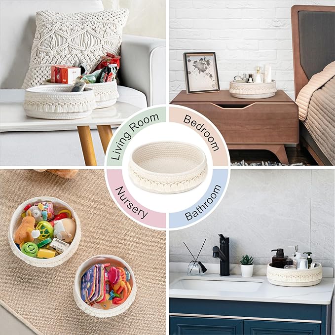 Mkono 2 Pack Macrame Storage Baskets Decorative Woven Cotton Rope Basket for Shelves Countertop Organizer Boho Decor for Organizing Living Room Bedroom Entryway