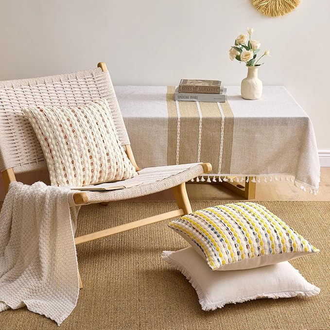 ANRODUO Boho Chenille Textured Tufted Pillow Covers 20x20 Inch Set of 2 Woven Decorative Throw Pillow Covers with Raised Stripes Accent Neutral Pillowcase for Couch Sofa Bed Living Room, Cream Rust