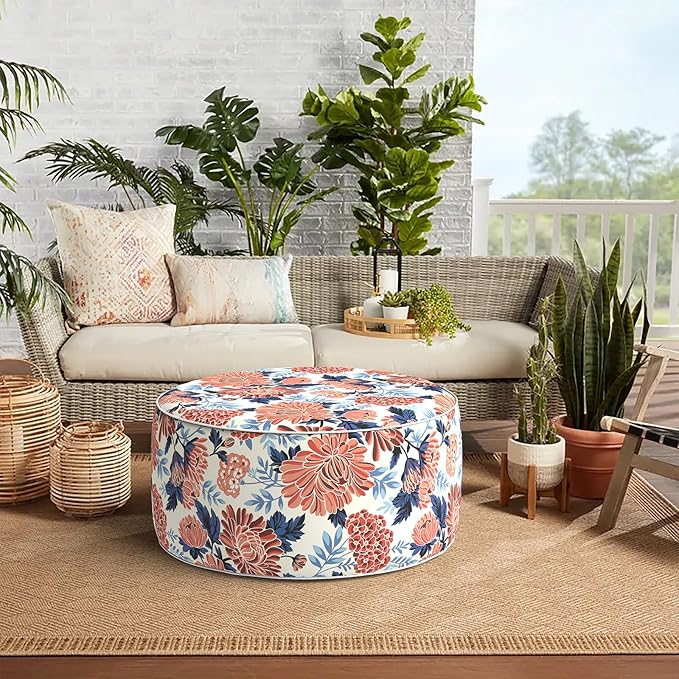 TWELAR Indoor/Outdoor Inflatable Ottoman, Water Repellent Round Foot Rest Ottomans D31 x H14 inch, Portable Footstool for Patio Garden Camping or Home, Red Chrysanthemum