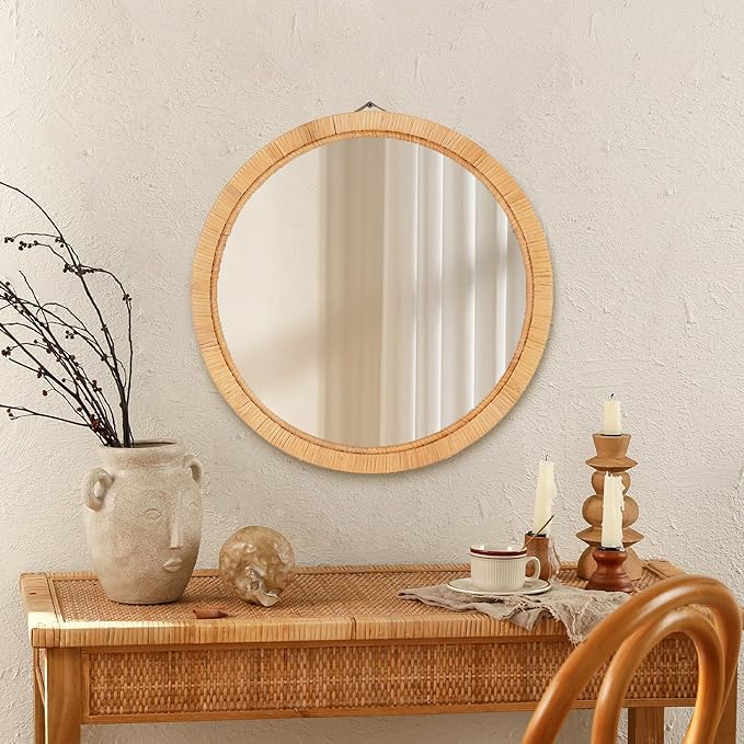 Rattan Wall Mirror - 20" Boho Round Bathroom Mirror Decorative Farmhouse Circle Mirror for Vanity Entryway Living Room Wall Decor