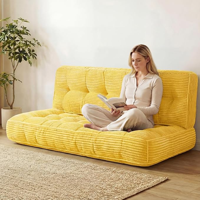 63 Inch Folding Bench Cushion, 4 Inch Thick 2-in-1 Convertible Long Floor Lounger Boneless Cushions Couch Mattress Upholstered for Yoga, Reading, Sleeping, Meditation Living Room(Yellow)