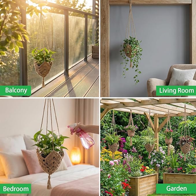 4 Pack Jute Crochet Long Plant Hanger for 3 Inch to 12 Inch Pots, Macrame Plant Hanger Macrame Plant Holder Rope with S Shaped Hooks for Indoor Outdoor Home Decor (Brown)