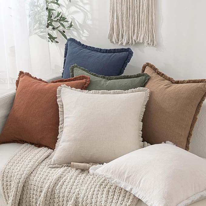 MIULEE Decorative Throw Pillow Covers Neutral Linen Fringe Throw Pillows Euro Shams Set of 2 Brick Boho Farmhouse Cushion Covers for Couch Sofa Bed Living Room Spring Home Decor 24x24 Inch