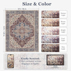 8x10 Maroon Blue Rugs for Living Room, Transitional Medallion Washable Large Rug for Bedroom Under Bed, Modern Vintage Distressed Low Pile Thin Soft Carpet Rugs for Dining Room Office