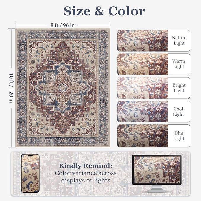8x10 Maroon Blue Rugs for Living Room, Transitional Medallion Washable Large Rug for Bedroom Under Bed, Modern Vintage Distressed Low Pile Thin Soft Carpet Rugs for Dining Room Office