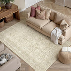 Vintage Area Rug 4x5 Beige Entryway Office Washable Carpet Non Slip Bedroom Indoor Living Room Door Mat Low Pile Traditional Distressed Retro Accent Rug for Dining Room Bathroom Kitchen