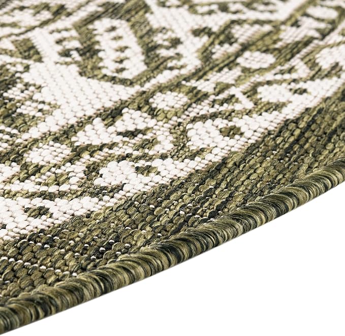 Rugs.com Outdoor Aztec Collection Rug – 13 Ft Round Green Flatweave-Pile Rug Perfect for Kitchens, Dining Rooms