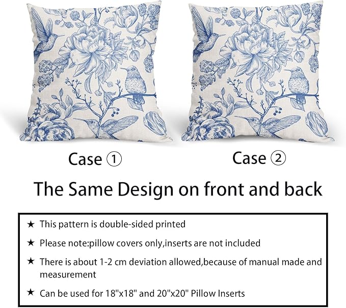 Chinoiserie Blue White Floral Pillow Covers 18X18 Inch French Country Vintage Flowers Bird Decorative Pillow Cases Set of 2 Seasonal Cotton Linen Throw Pillows Farmhouse Home Decor For Sofa Couch