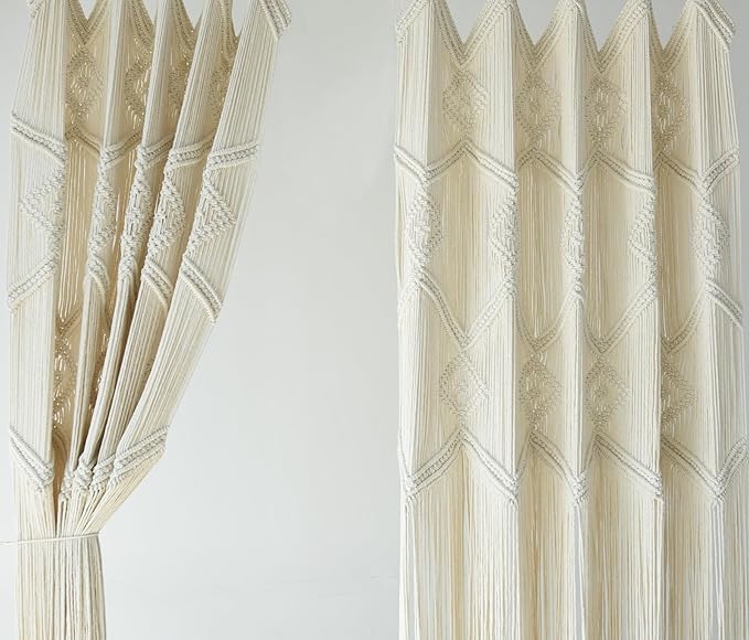 IOWER Macrame Curtains Windows 2 Panels 50" Wx75 L Macrame Closet Doorway Boho Curtains Long Macrame Decor Wedding Backdrop