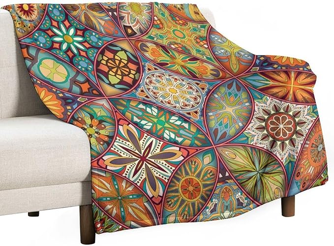 Boho Floral Throw Blanket Colorful Mandala Bohemian Indian Hippie Vintage Blanket for Sofa Bed Couch Chair or Dorm 50"x60"