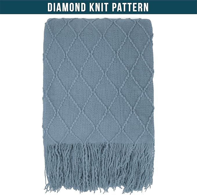 PAVILIA Dusty Blue Knit Throw Blanket for Couch, Twin Bed, Soft Knitted Farmhouse Sofa Throw for Living Room, Lightweight Decorative Summer Blanket for Chair, Outdoor Textured Boho Blanket, 60x80