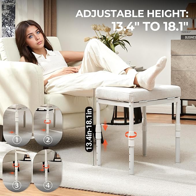Adjustable Ottoman Pouf, 4 Height Position & 60 Degree Tilt Angle Adjustment Ottomans Footrest Foot Stools Pouffe Footstool for Under Desk Living Room Home(Beige)