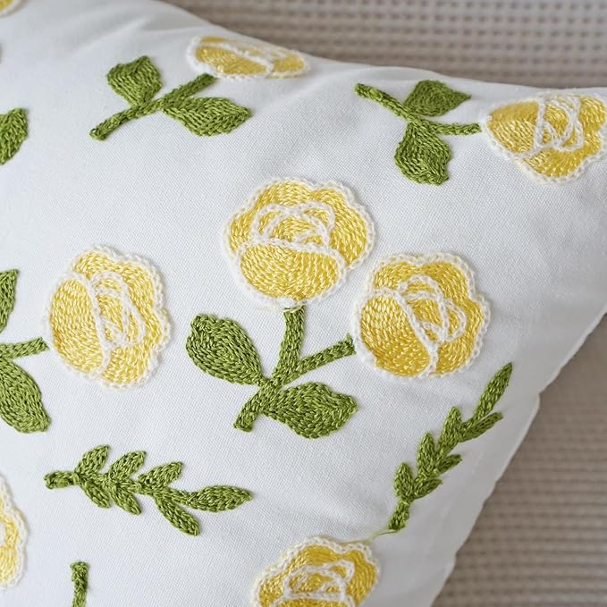 vctops Yellow Rose Embroidered Decorative Throw Pillow Cover Spring Summer Floral Square Pillow Cases Garden Cotton Cushion Cover for Couch Sofa Bed (Flower D,18"x18")
